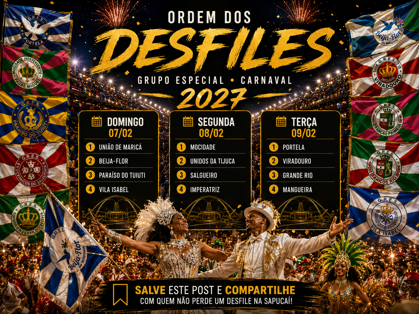 Ordem dos desfiles do Grupo Especial 2027 está definida; veja as três noites